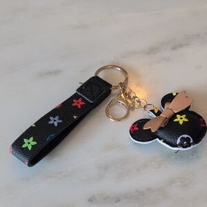 Minnie Mouse Black Keychain with Colorful Flowers